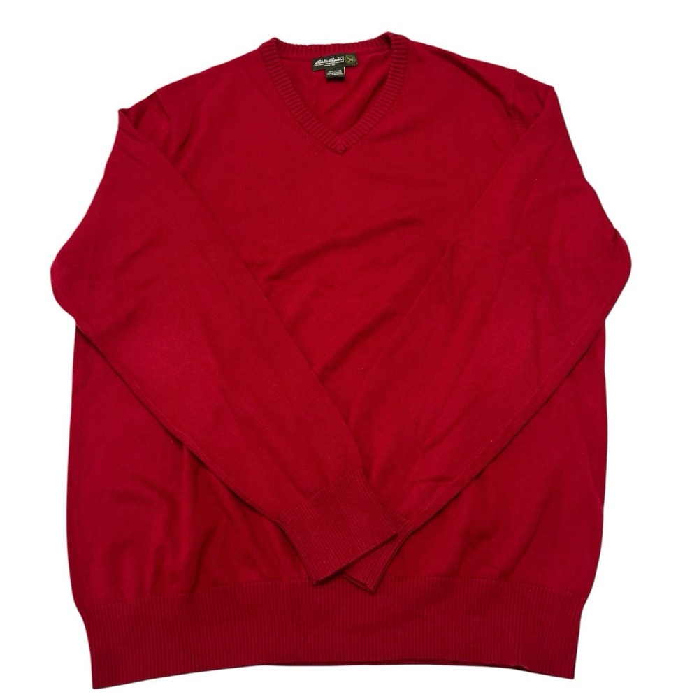 Eddie‎ Bauer Cotton Cashmere Sweater Y2K VTG Men’s XL Tall VNeck Red Knit Cotton